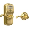 image:imageSchlage Electronic Keypad Lock Lever Handle Camelot Trim Satin NickelBright Brass