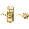 image:imageSchlage Electronic Keypad Lock Lever Handle Camelot Trim Satin NickelBright Brass