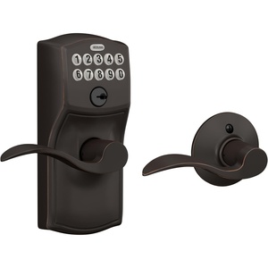 image:imageSchlage Electronic Keypad Lock Lever Handle Camelot Trim Satin NickelAged Bronze