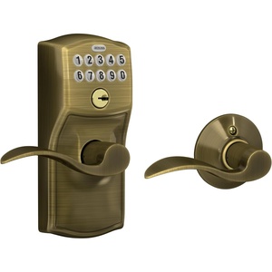 image:imageSchlage Electronic Keypad Lock Lever Handle Camelot Trim Satin NickelAntique Brass