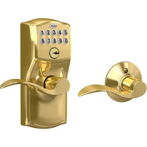 image:imageSchlage Electronic Keypad Lock Lever Handle Camelot Trim Satin NickelBright Brass